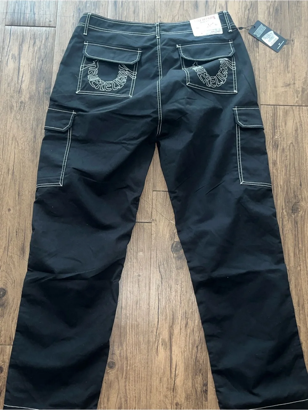 True Religion Black Cargo Pants with White Contrast Stitching